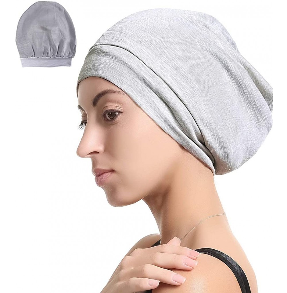 Skullies & Beanies Satin Silk Lined Sleep Cap Beanie Slap Hat - Gifts for Women - Light Gray - CU18KX5QQ7X