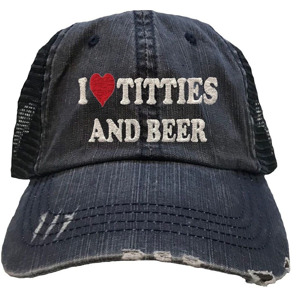 Baseball Caps Adult I Love Titties & Beer Embroidered Distressed Trucker Cap - Navy/ Navy - CS18G7YE0R7