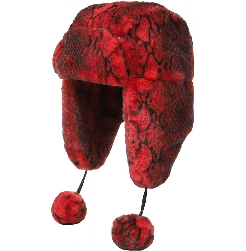 Bomber Hats Women's Snakeskin Print Faux Fur Ushanka Hat Winter Russian Trapper Hat for Skiing Earflap - Red - C618WAEO2AZ