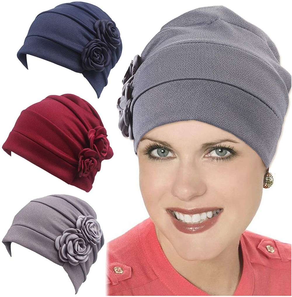 Skullies & Beanies 3 Packs Chemo Headwear for Women Turbans Beanie Hats Stretch Hair Cap Set - A-grey+blue+red - CN18KDKRYE6