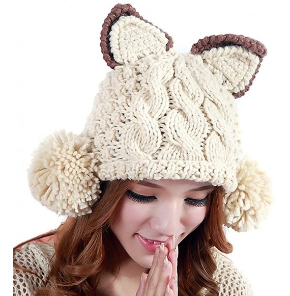 Skullies & Beanies Cat Ear Pom Pom Cabled Knit Beanie Crochet Rib Hat Brim Cap FFH083GRY - Beige - C111IFCMKWN
