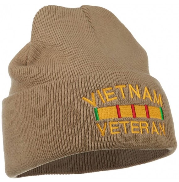 Skullies & Beanies Vietnam Veteran Embroidered Long Knitted Beanie - Khaki - C318WMOWIAQ
