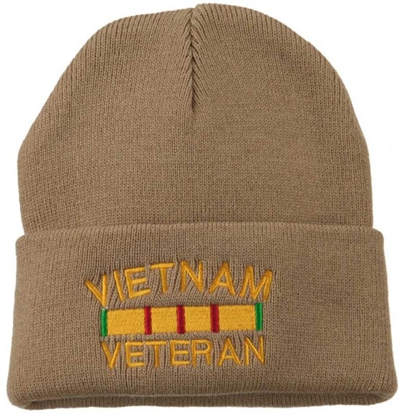 Skullies & Beanies Vietnam Veteran Embroidered Long Knitted Beanie - Khaki - C318WMOWIAQ