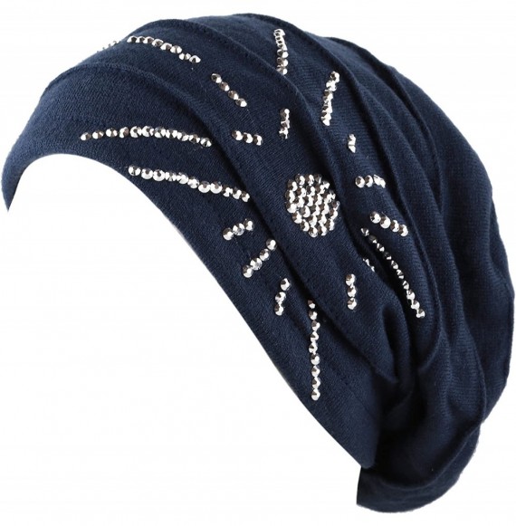 Skullies & Beanies Women's Knit Handmade Fleece Lined Slouchy Baggy Beanie Skully Hat - Navy - CF126IAQZTB