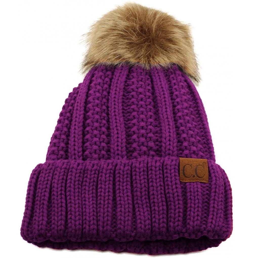 Skullies & Beanies Winter Sherpa Fleeced Lined Chunky Knit Stretch Pom Pom Beanie Hat Cap - Solid Purple - C318K2MRSHU