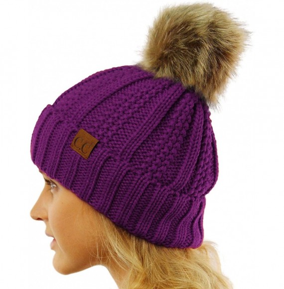 Skullies & Beanies Winter Sherpa Fleeced Lined Chunky Knit Stretch Pom Pom Beanie Hat Cap - Solid Purple - C318K2MRSHU