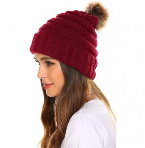 Skullies & Beanies Faux Fur Pom Pom Cable Knit Beanie Women Slouchy Beanie Chunky Baggy Hat Winter Soft Warm Ski Cap - Wine R...