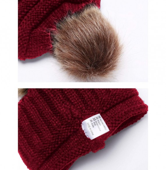 Skullies & Beanies Faux Fur Pom Pom Cable Knit Beanie Women Slouchy Beanie Chunky Baggy Hat Winter Soft Warm Ski Cap - Wine R...