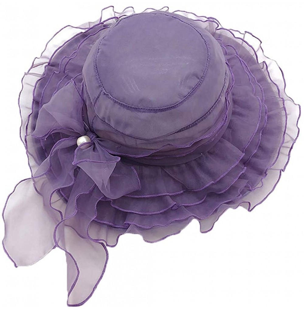 Sun Hats Summer Lady's Fashion Wide-Side Pearl Bow Foldable Lace Sun Hat - Purple - C618RK6QKY4