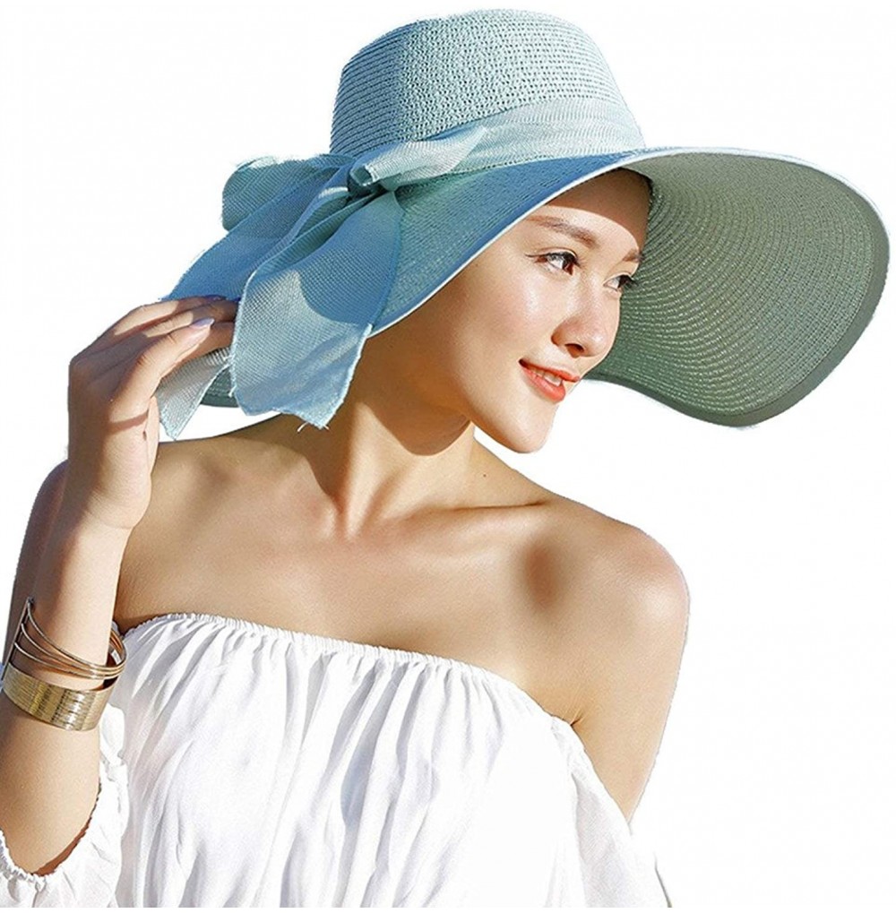 Sun Hats Women's Big Bowknot Straw Sun Hat Floppy Foldable Roll up UV 50+ Beach Cap - Mint Green - C818S5320YG