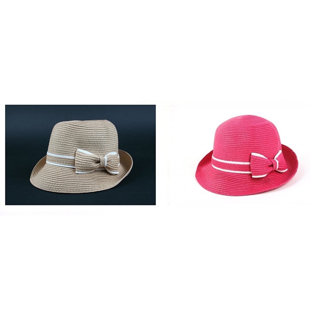 Bucket Hats Women's Classic Straw Cloche Bow Hat 960HF - 2 Pcs Natural & Pink - CT11UGW9QBX