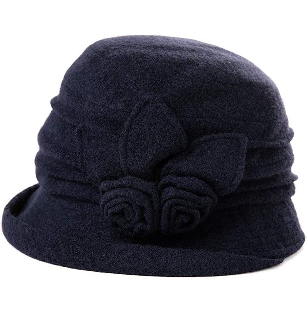 Bucket Hats Women Winter Wool Bucket Hat 1920s Vintage Cloche Bowler Hat with Bow/Flower Accent - 16076navy_42ol - CS192SZ3M3D