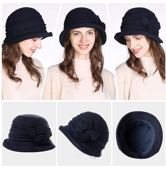 Bucket Hats Women Winter Wool Bucket Hat 1920s Vintage Cloche Bowler Hat with Bow/Flower Accent - 16076navy_42ol - CS192SZ3M3D