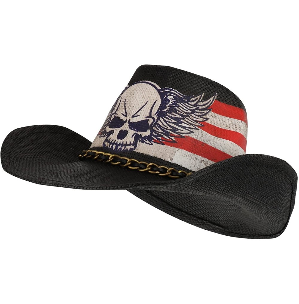 Cowboy Hats US Flag Skull Wing Toyo Western Cowgirl Cowboy Hat with Metal Chain - Black - CI18DMIDIMQ