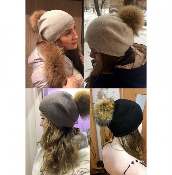 Skullies & Beanies Women Knit Wool Beanie - Winter Solid Cashmere Ski Hats Real Raccoon Fur Pom Pom - 01- Beige - CB18L7HET2I