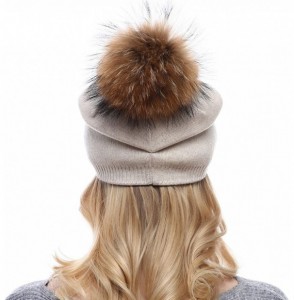 Skullies & Beanies Women Knit Wool Beanie - Winter Solid Cashmere Ski Hats Real Raccoon Fur Pom Pom - 01- Beige - CB18L7HET2I