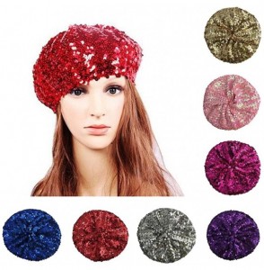 Berets Women Girls Sequin Beret Beanie Hat Cap Fashion Bright Vintage Classic Shining Headwear - Rose Red - CS1863CQZI0