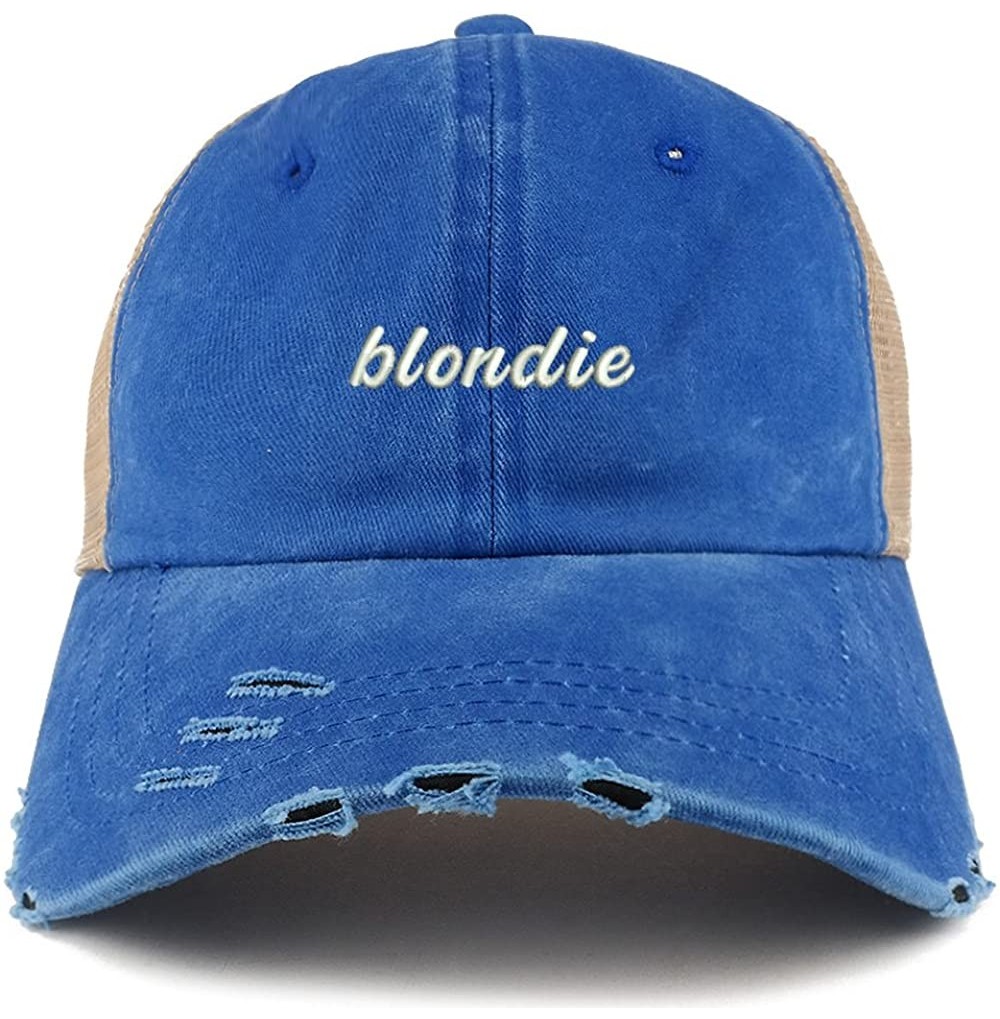 Baseball Caps Blondie Embroidered Frayed Bill Trucker Mesh Back Cap - Royal - C618CX2AS5Q