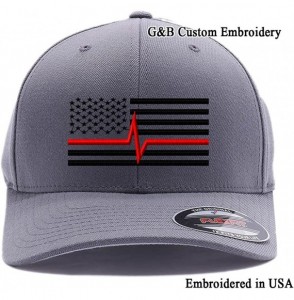 Baseball Caps Thin Red Life Line USA Flag. Embroidered. 6477 and 6277 Flexfit Wooly Combed Twill Flexfit Cap - Grey - C618LG6...