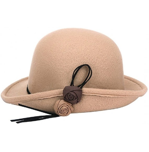 Bucket Hats Women's Flower Felt Cloche Bucket Hat Crochet Dress Winter Cap Fashion - Khaki - CB189L37MXU