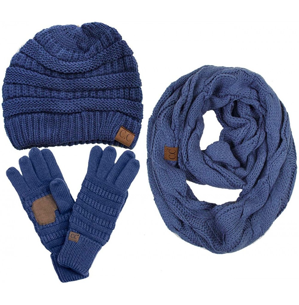 Skullies & Beanies 3pc Set Trendy Warm Chunky Soft Stretch Cable Knit Beanie- Scarves and Gloves Set - Dark Denim - C818H6O5C49
