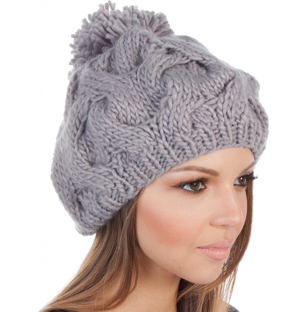 Skullies & Beanies Cable Knit Pom Pom Thick Slouch Hat - Gray - CX11BX37Y13