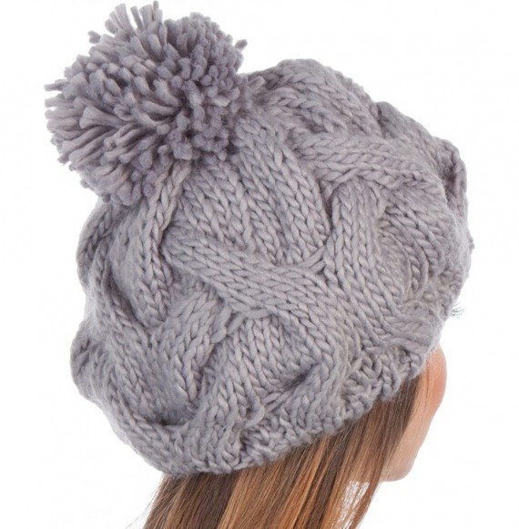 Skullies & Beanies Cable Knit Pom Pom Thick Slouch Hat - Gray - CX11BX37Y13