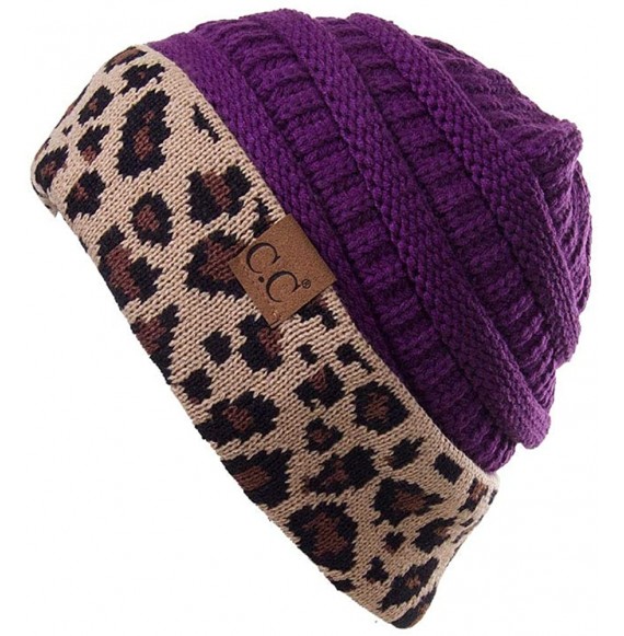 Skullies & Beanies Women Classic Solid Color with Leopard Cuff Beanie Skull Cap - Purple - CW18KWH5Y9G