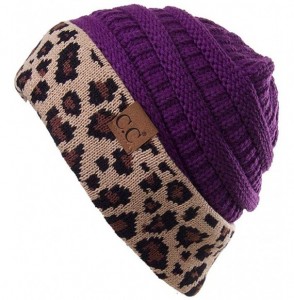 Skullies & Beanies Women Classic Solid Color with Leopard Cuff Beanie Skull Cap - Purple - CW18KWH5Y9G