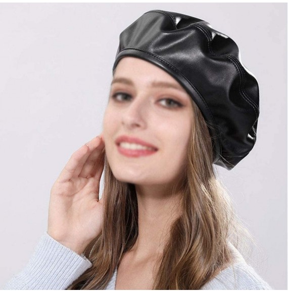 Berets Women Faux Leather Solid Beret French Artist Tam Beanie Hat Cap - Black 2 - CT18KITA02U