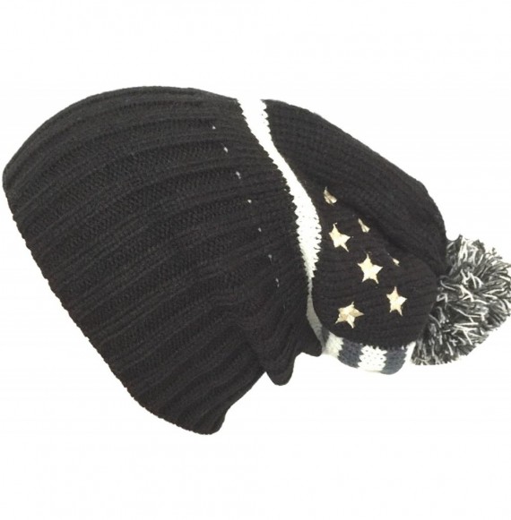 Skullies & Beanies Women Men American Flag Cuffed Knit USA Flag Patriotic Beanie with Pom Pom Winter Hat - Black/Grey Touch -...