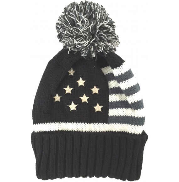 Skullies & Beanies Women Men American Flag Cuffed Knit USA Flag Patriotic Beanie with Pom Pom Winter Hat - Black/Grey Touch -...