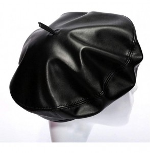 Berets Women Faux Leather Solid Beret French Artist Tam Beanie Hat Cap - Black 2 - CT18KITA02U
