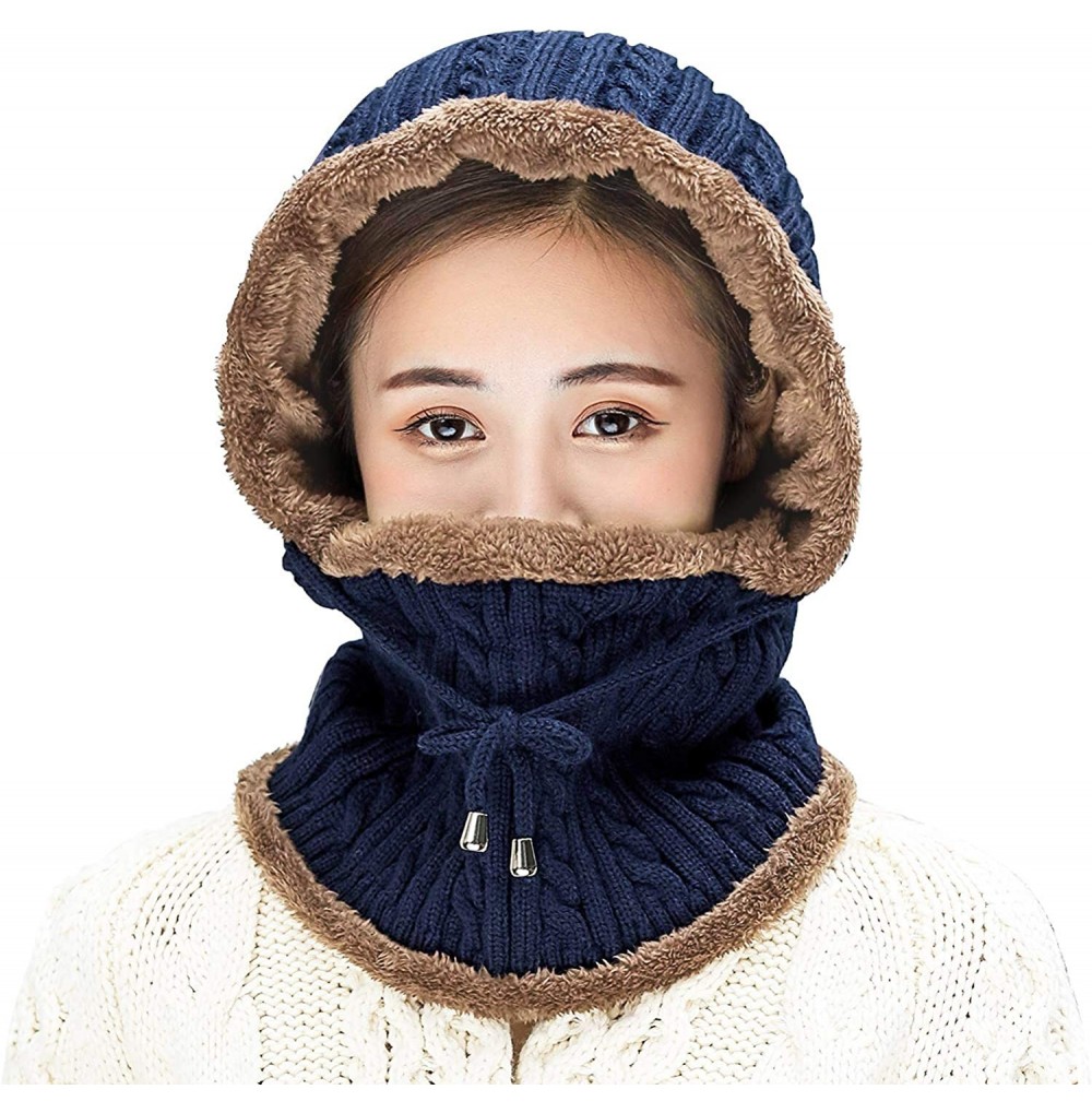 Balaclavas Women's Beanie Knit Neck Warmer Hat Fleece Lined Winter Balaclava Cap - Navy - C718YONEEM0
