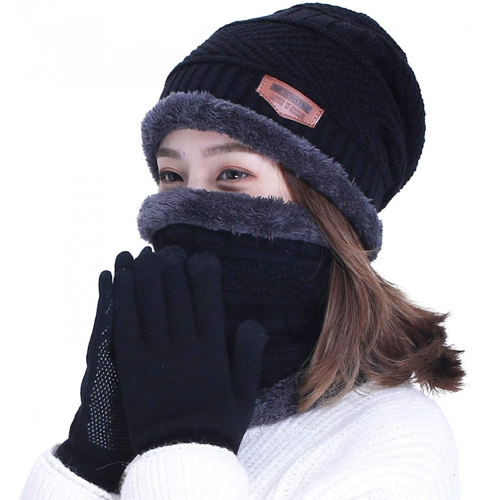 Bucket Hats Womens Slouchy Beanie Winter Hat Knit Warm Snow Ski Skull Outdoor Cap - _Beanie+ Scarf+ Gloves (Black) - CG1805YUCQZ
