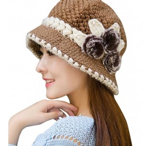 Berets Womens 1920s Winter Warm Cap Beret Beanie Cloche Bucket Hat Crochet Knitted Flowers Ears Hat - Khaki - CP18LQ9000M