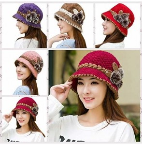 Berets Womens 1920s Winter Warm Cap Beret Beanie Cloche Bucket Hat Crochet Knitted Flowers Ears Hat - Khaki - CP18LQ9000M