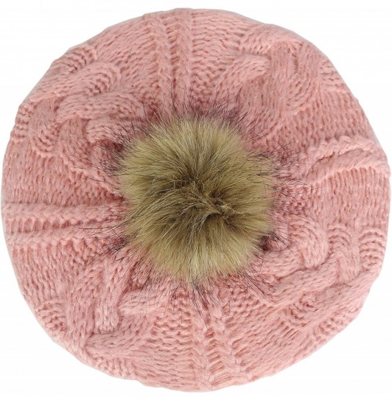 Berets Cute Crochet Cable Knit Slouch Beret Cap- Cute Beanie w/Faux Fur Pom Winter Hat - Pink - C91867XCKCL