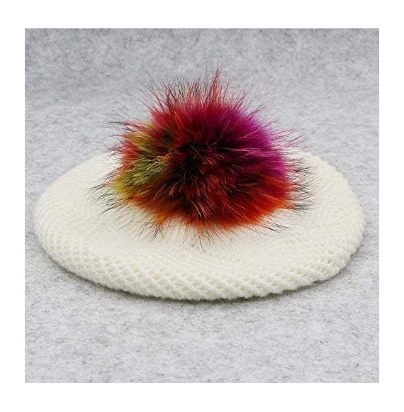 Berets Wool Knit Beret Hats for Women Spring Slouchy Beanie Cap with Pom Pom - Cream - CZ188M4I4UM