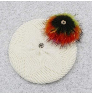 Berets Wool Knit Beret Hats for Women Spring Slouchy Beanie Cap with Pom Pom - Cream - CZ188M4I4UM