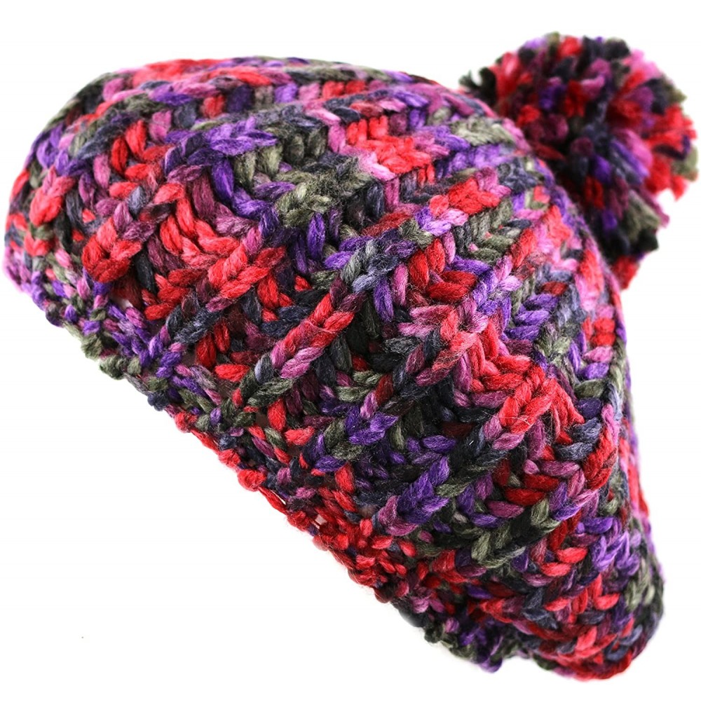 Berets Winter Multi Color Pom Pom Knit Beret Hat - Red - C4128LYVVKV