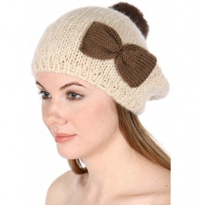 Skullies & Beanies Women Knit Beret Beanie Hat with Pompom Cute Soft Slouchy Ribbed Handmade Warm Winter Cap - Ribbon Ivory -...