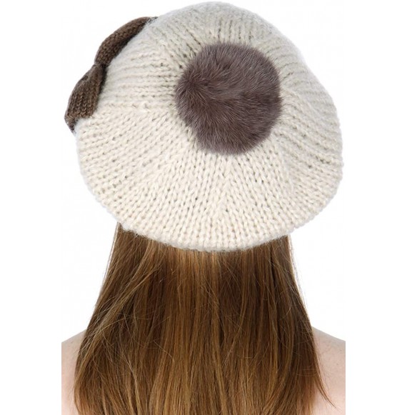 Skullies & Beanies Women Knit Beret Beanie Hat with Pompom Cute Soft Slouchy Ribbed Handmade Warm Winter Cap - Ribbon Ivory -...