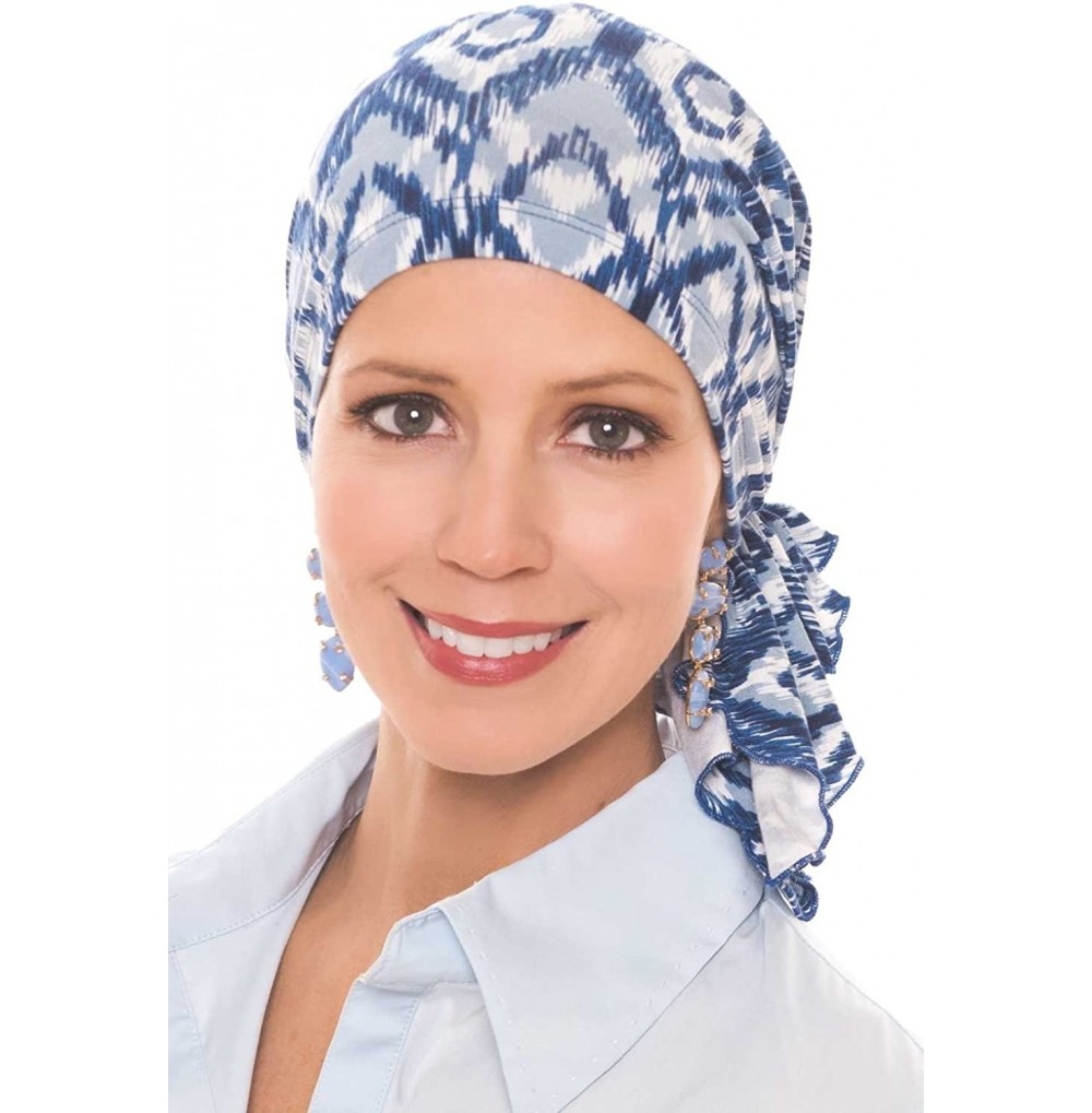 Skullies & Beanies Bamboo Large Slip-On Pre-Tied Scarf-Caps for Women with Chemo Cancer Hair Loss - Blue Chevron - CV18COK3CD2