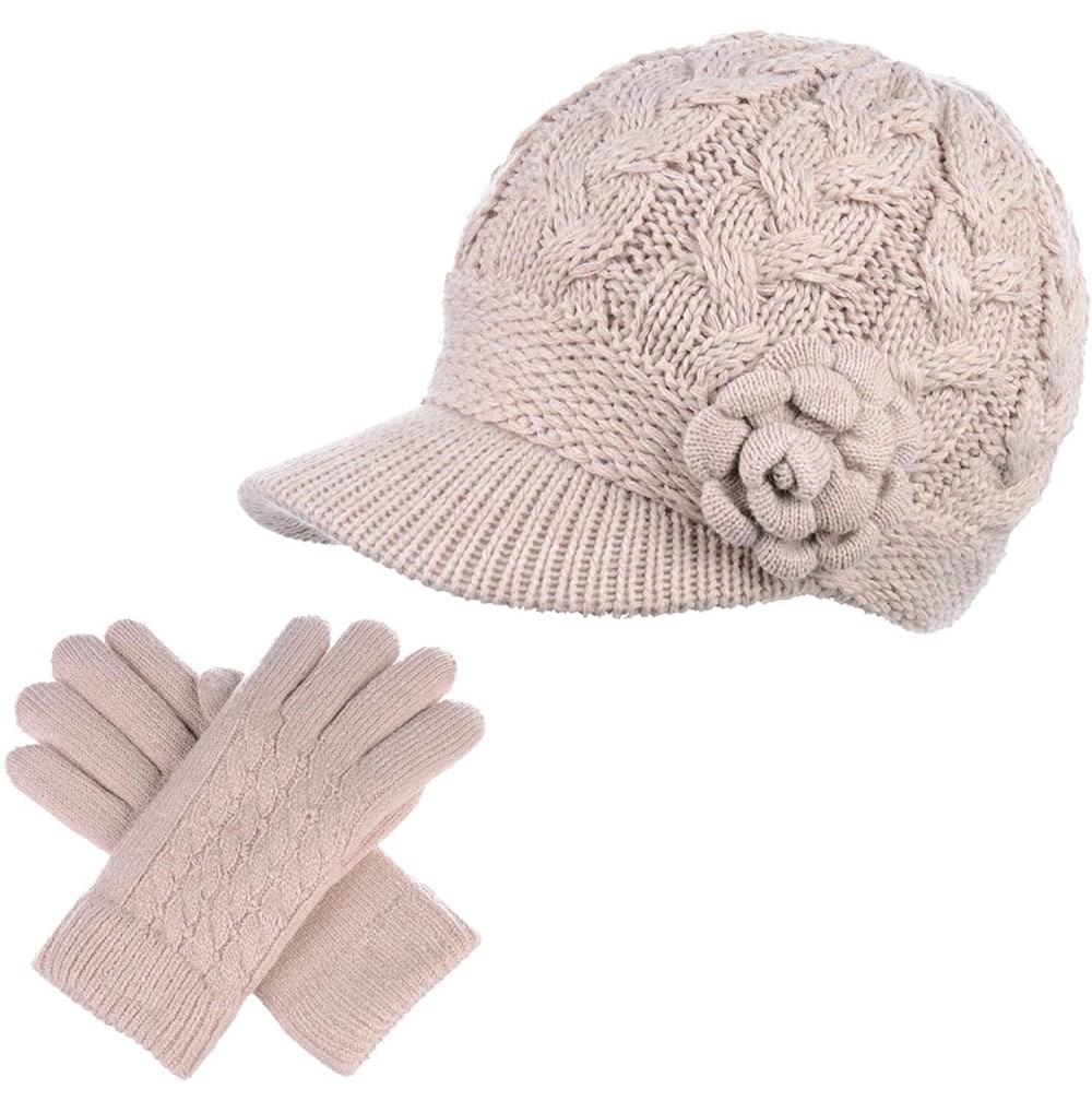 Newsboy Caps Women's Winter Fleece Lined Elegant Flower Cable Knit Newsboy Cabbie Hat - Cream Cable Flower-hat Gloves Set - C...