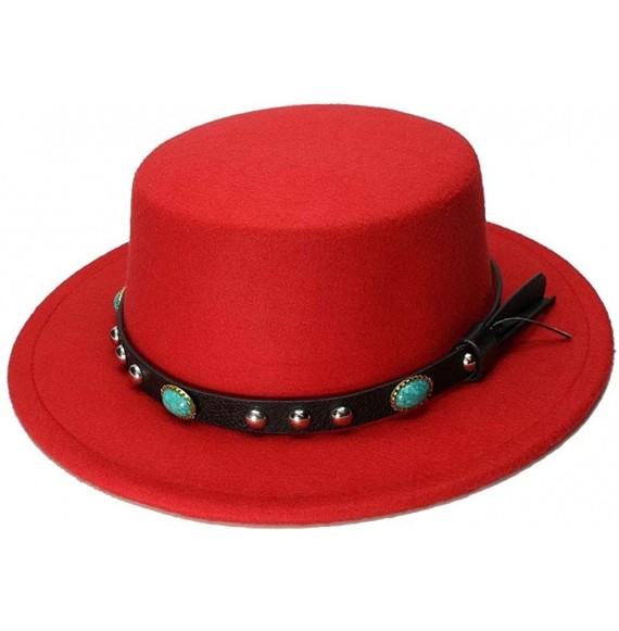 Fedoras Pork Pie Vintage Wool Wide Brim Top Cap Pork Pie Pork-Pie Bowler Hat Skull Bead Leather Band for Women Men - Red - C3...