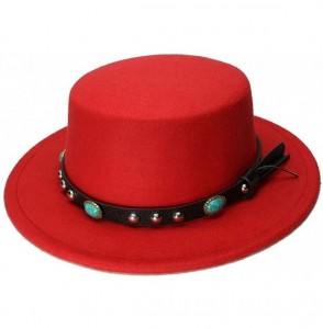 Fedoras Pork Pie Vintage Wool Wide Brim Top Cap Pork Pie Pork-Pie Bowler Hat Skull Bead Leather Band for Women Men - Red - C3...