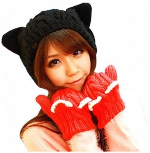 Skullies & Beanies Cute Woollike Knitted CAT Kitty Ears Women Lady Girl Headgear Crochet Christmas Hats - Black - CQ18INMYIRO