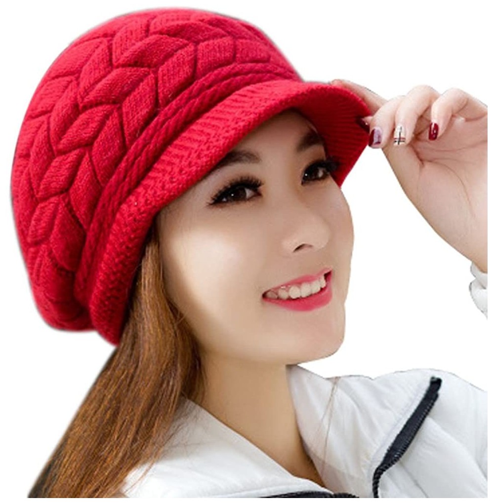 Skullies & Beanies Women Winter Beanie Hat Solid Knitted Beret Newsboy Skull Cap - Watermelon Red - CM18LH0DMT0