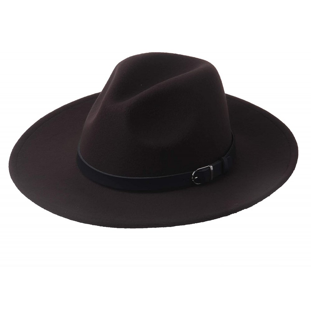Fedoras Women's Wide Brim Wool Fedora Panama Hat with Belt - Coffee - C418HS6W3Y0